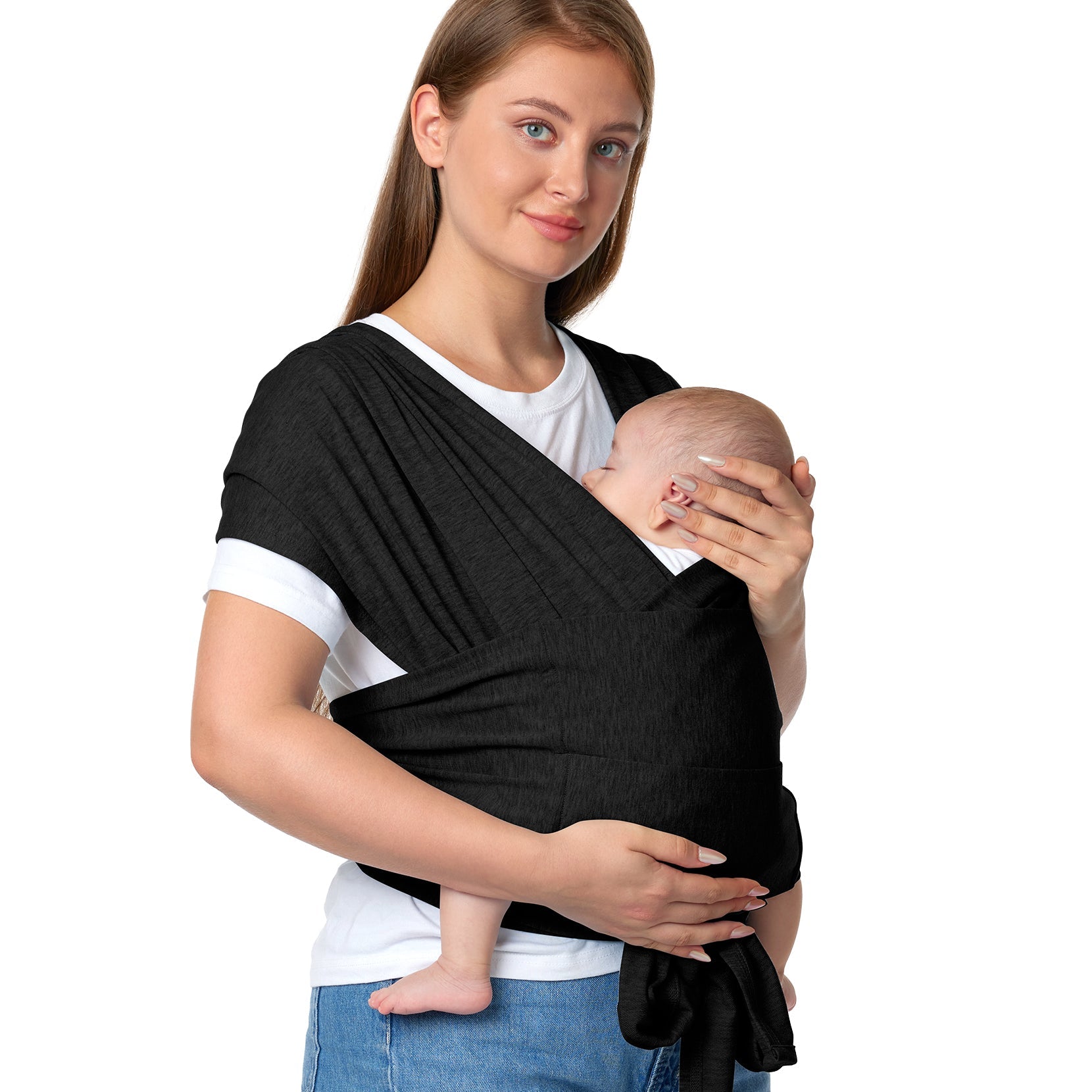 Black baby wrap carrier held by a woman, providing hands-free support for baby.