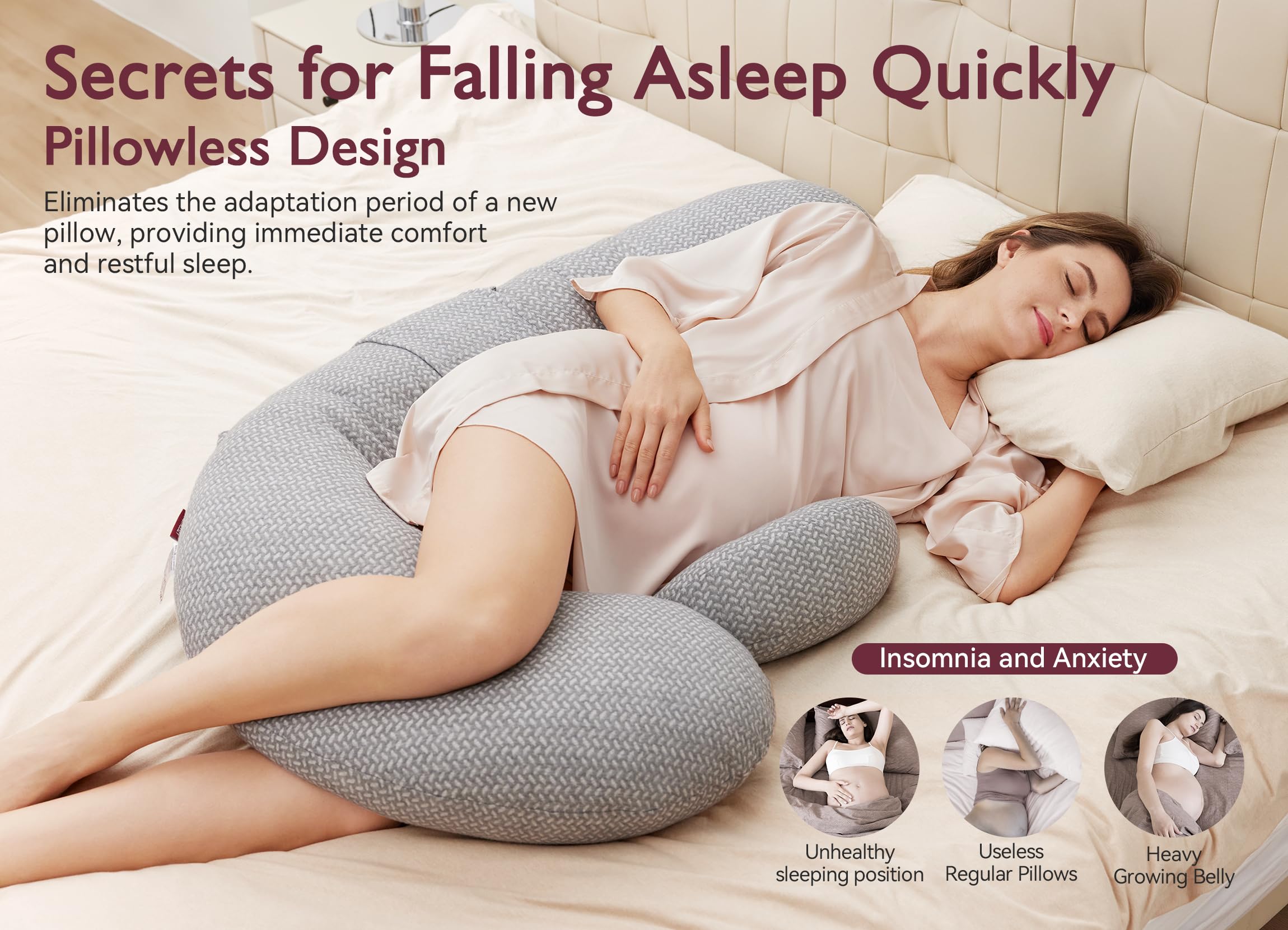 Pregnant woman sleeping on gray Momcozy F-shaped pregnancy pillow, supporting the body and belly, promoting restful sleep.