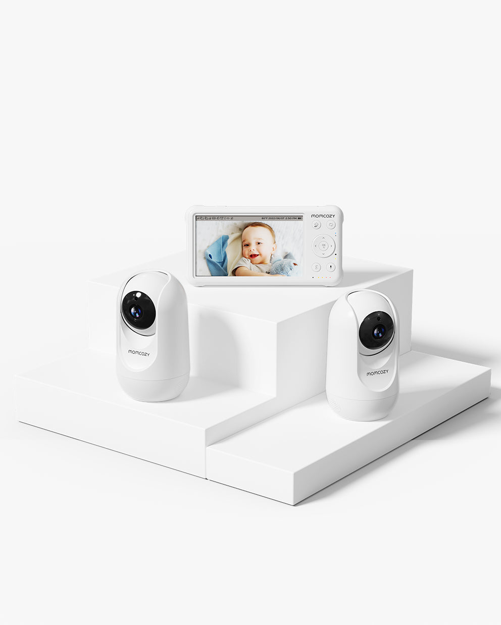 Momcozy 1080P Baby Monitor BM01, white baby monitor system showing a baby on screen, providing peace of mind