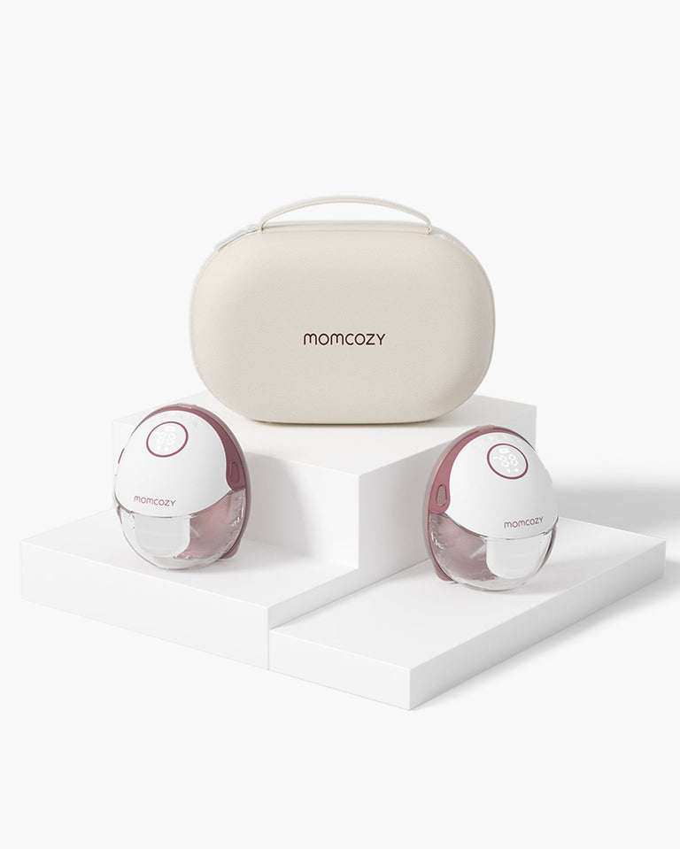 Translation missing: en.Momcozy M6 hands-free breast pump set in carrying case, white and pink design