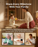 Momcozy BM04 baby monitor. Share baby's milestones with family, allowing video access. Baby, mother, and family members.