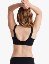 Back view of Momcozy's wireless full-coverage black bra featuring adjustable straps for a custom fit.