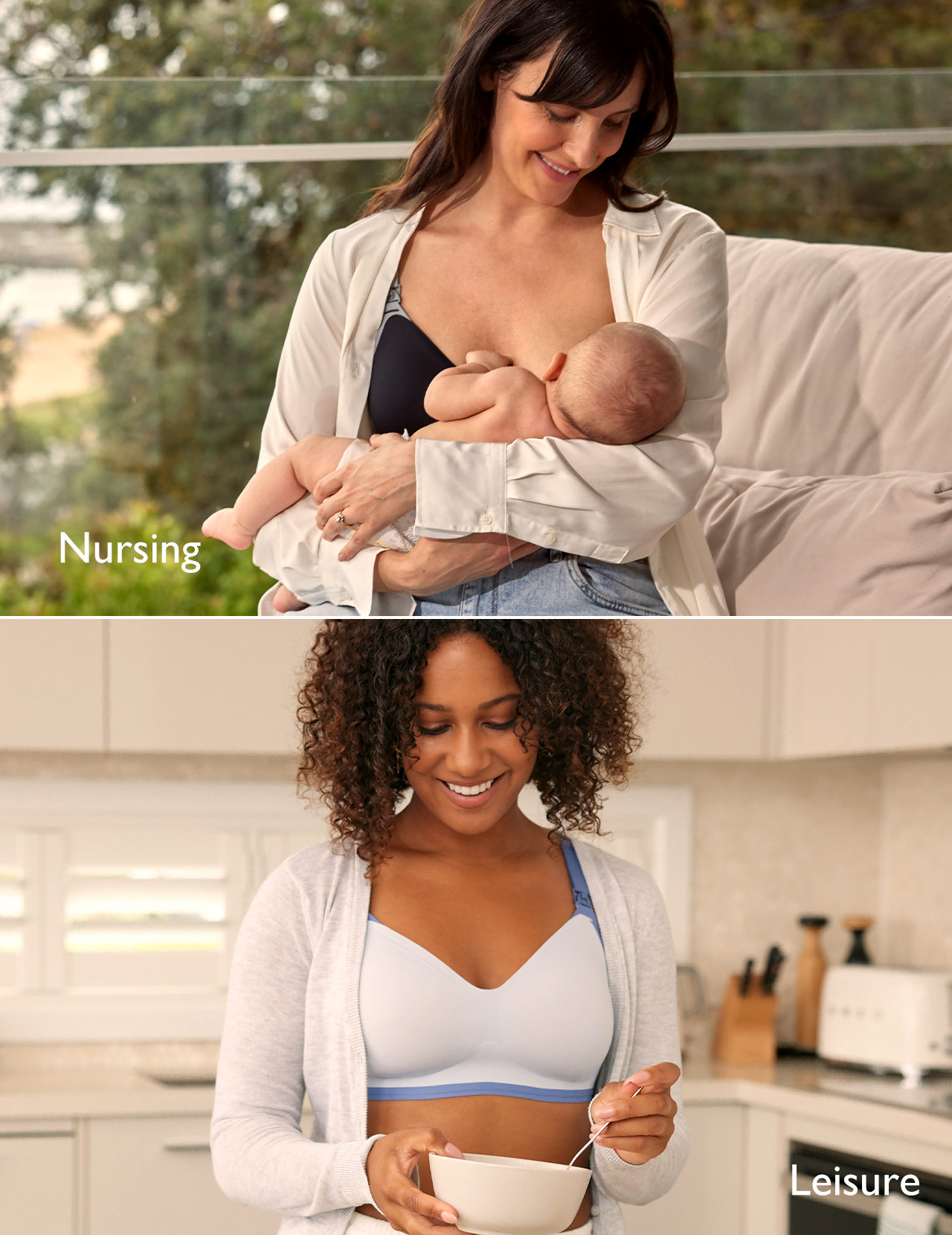 Momcozy nursing and leisure bras demonstrating versatility with a mother and baby.