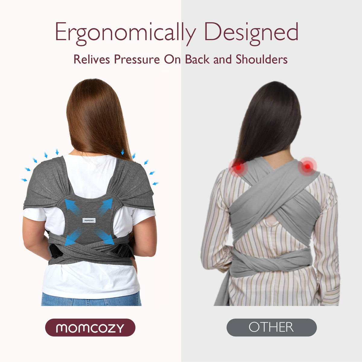 Momcozy ergonomic baby wrap carrier comparison, relieving pressure on back and shoulders, comfortable design