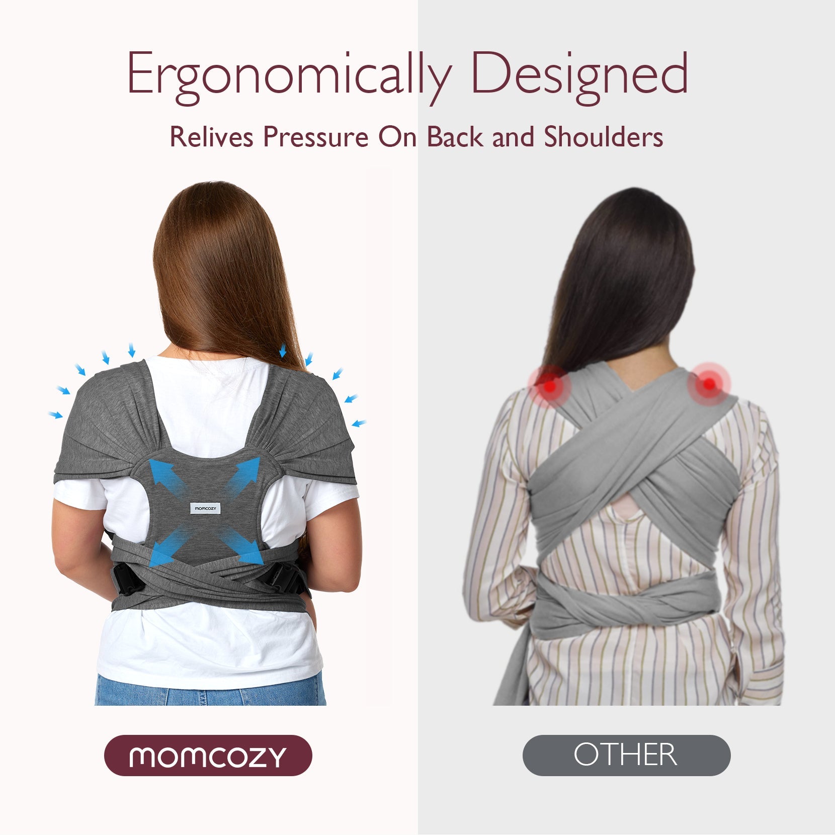 Momcozy ergonomic baby wrap carrier comparison, relieving pressure on back and shoulders, comfortable design