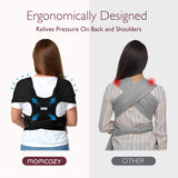 Momcozy baby wrap carrier, ergonomic design comparison. Black wrap, back support. Gray wrap, shoulder pressure.