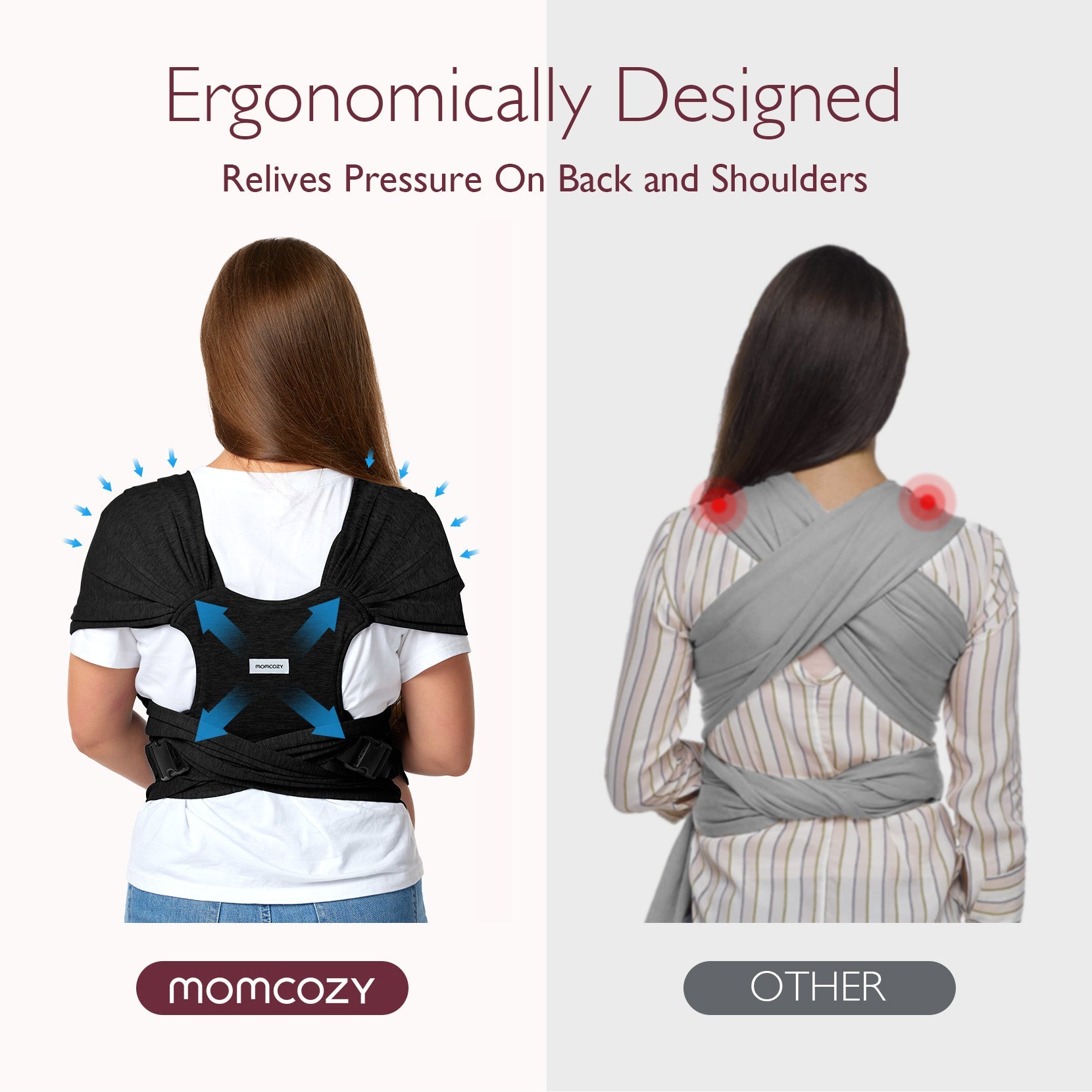 Momcozy baby wrap carrier, ergonomic design comparison. Black wrap, back support. Gray wrap, shoulder pressure.
