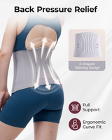 Momcozy Ergowrap postpartum belly band, light gray, back pressure relief, C-shaped design, full support, ergonomic fit.