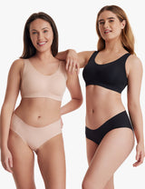 Models showcasing Momcozy wireless bras in Oyster Pink and black, emphasizing comfort and style.