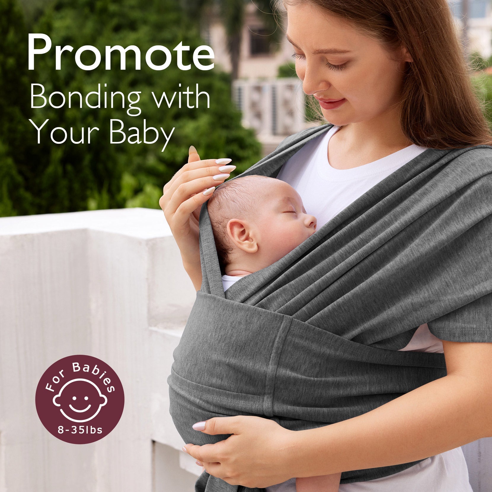 Baby wrap carrier, promoting bonding. Comfortable, hands-free design for babies; gray material.