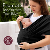 Black baby wrap carrier, promoting bonding with baby; comfortable and hands-free design, for babies 8-35lbs.