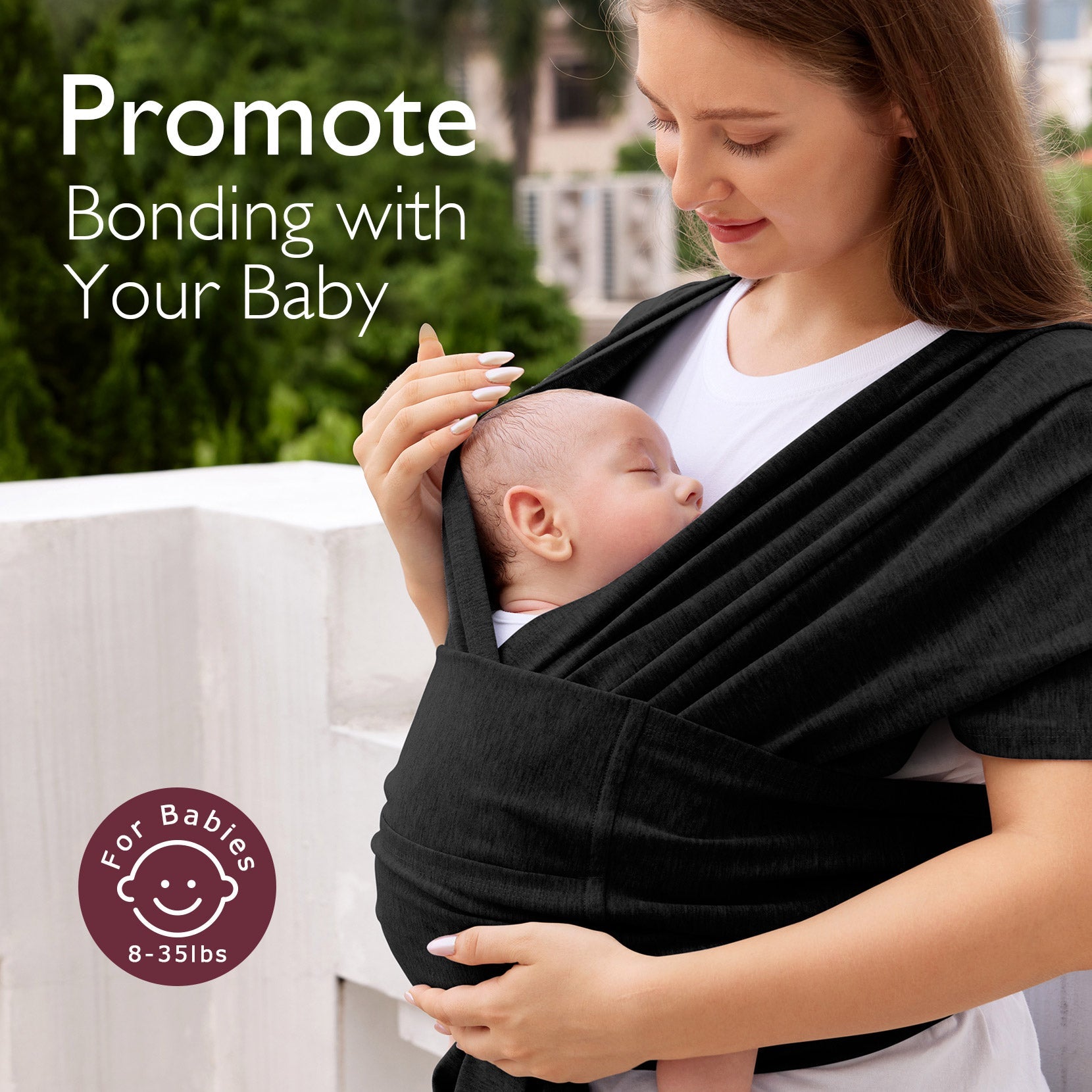 Black baby wrap carrier, promoting bonding with baby; comfortable and hands-free design, for babies 8-35lbs.