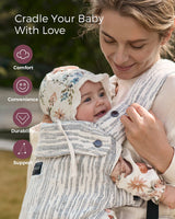 Momcozy PureHug baby carrier, mother babywearing. Striped design offers comfort and support for babywearing.