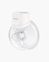 Side view of Momcozy S12 Pro Wearable Breast Pump with clear collection cup and dual-seal flanges for efficient pumping and visible milk measurement.