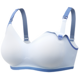 Blue fog nursing bra with adjustable straps, designed for comfort and flexibility.