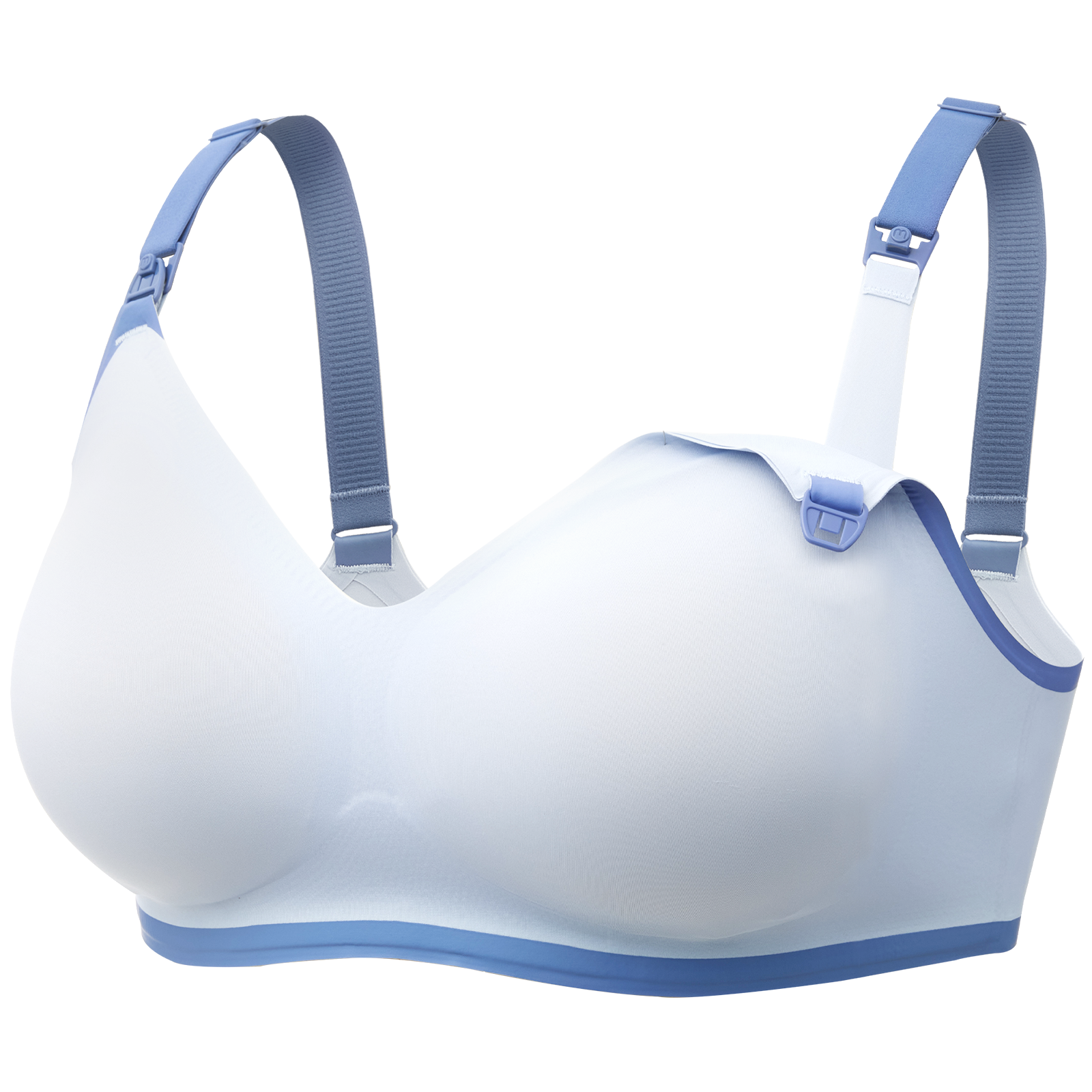 Blue fog nursing bra with adjustable straps, designed for comfort and flexibility.