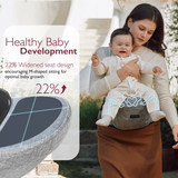 Momcozy Wander360 hip seat carrier promoting healthy baby development with M-shaped sitting for optimal growth.