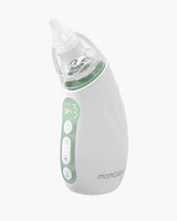 Momcozy Baby Nasal Aspirator. White and green baby nasal aspirator with clear nozzle for gentle congestion relief.