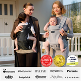 Momcozy Move2Fit Hip Seat Carrier: Mothers with babies wearing black and gray carriers. Award-winning design.