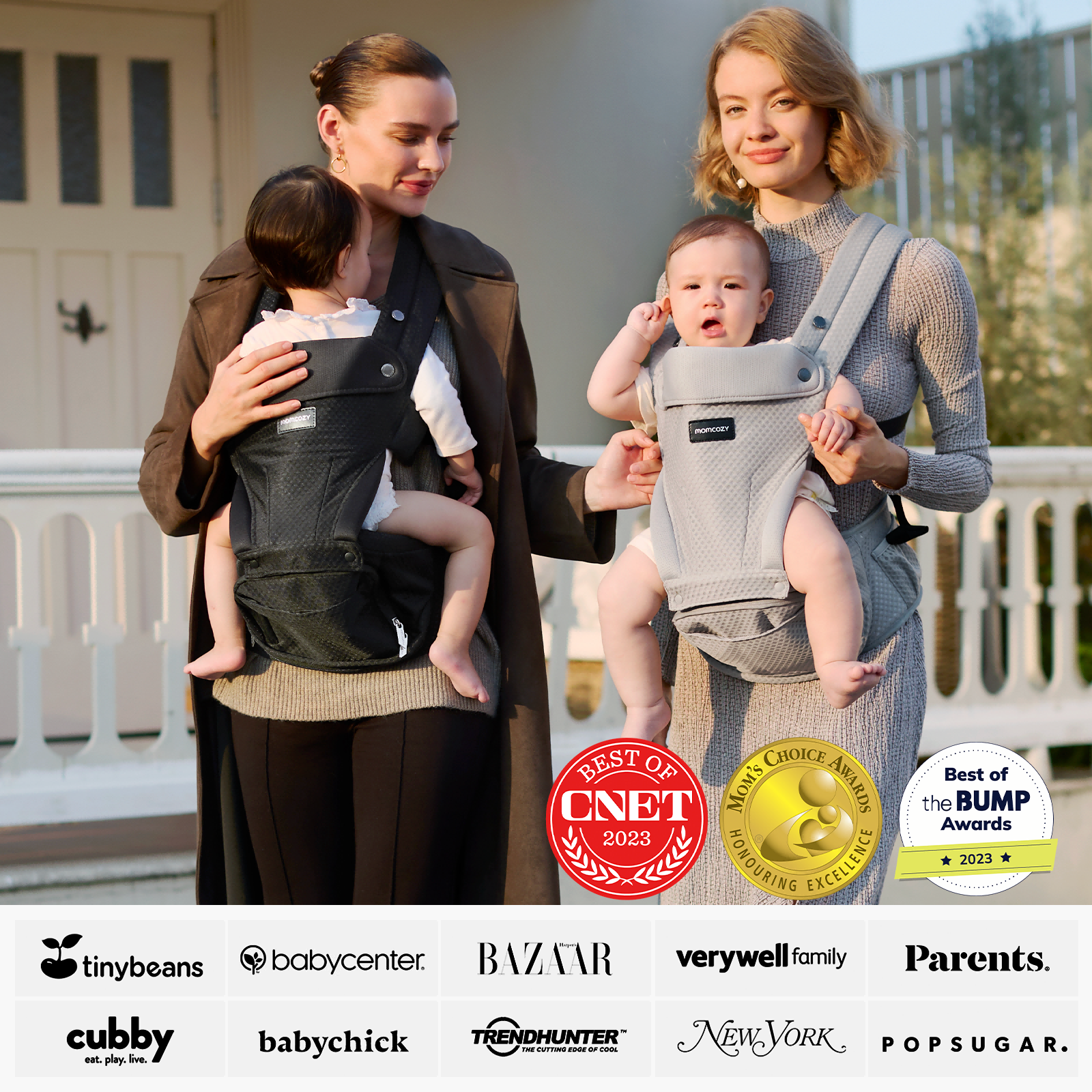 Momcozy Move2Fit Hip Seat Carrier: Mothers with babies wearing black and gray carriers. Award-winning design.
