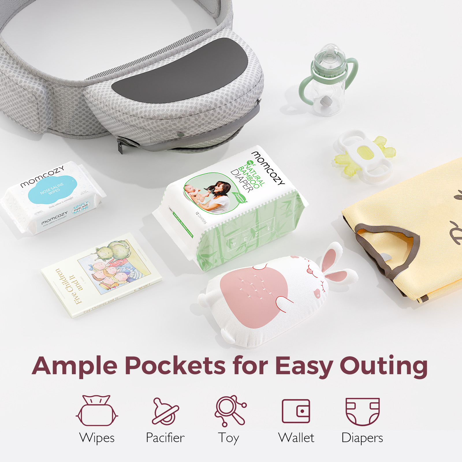 Momcozy Hip Seat Carrier: Outing essentials with wipes, diapers, toy, bottle, and ample pocket storage.