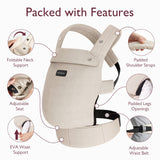 Momcozy PureHug carrier: Adjustable waist, padded straps, and foldable neck support for comfortable babywearing.