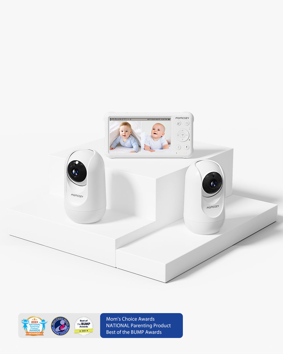 Momcozy BM01 baby monitor with display of baby, white cameras, and award badges for peace of mind.