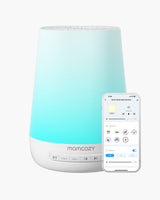 Momcozy Smart Baby Sound Machine with app control, showcasing white, color, and rainbow lighting for baby sleep.