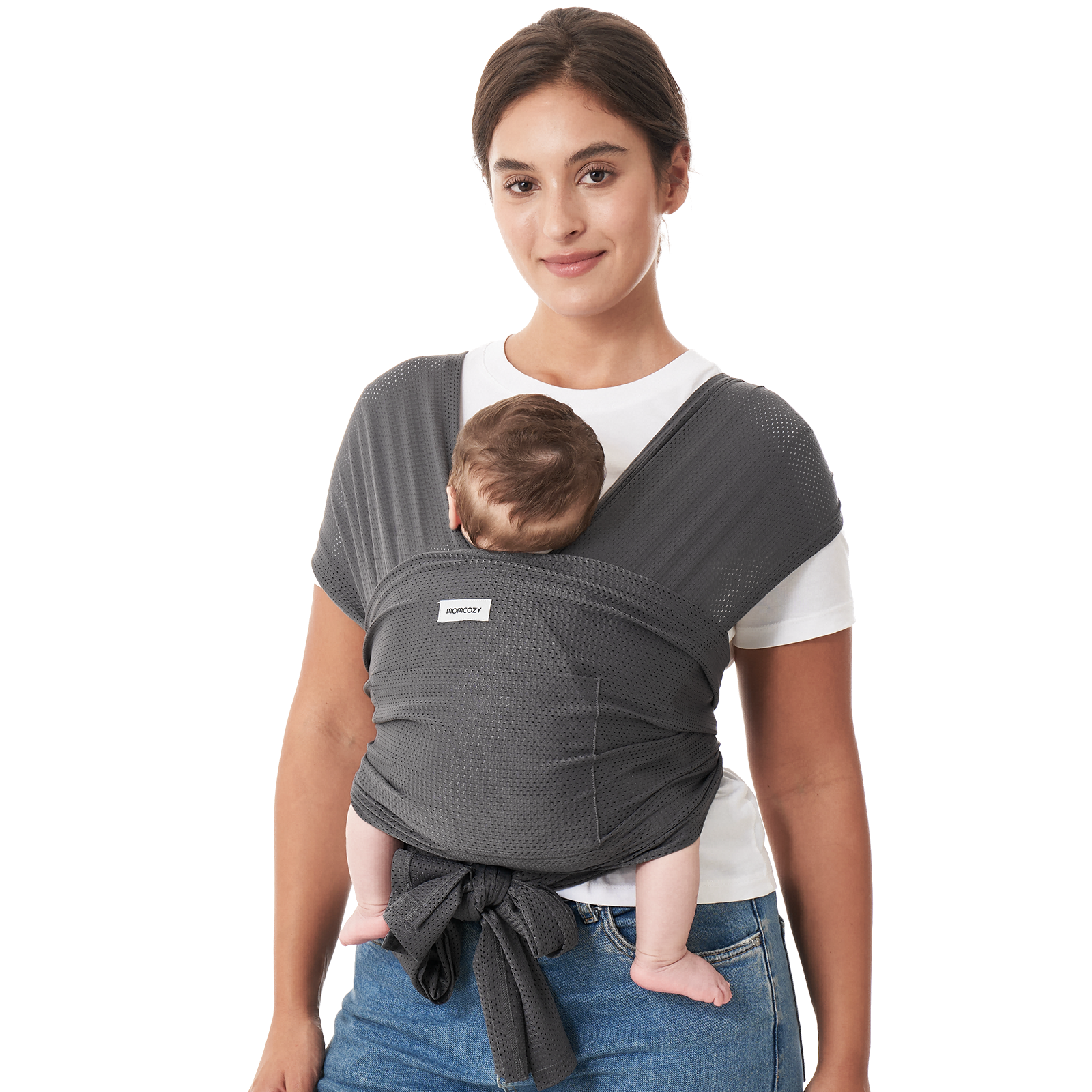 Momcozy gray baby wrap carrier, hands-free babywearing, comfortable design for baby. Baby carrier for bonding
