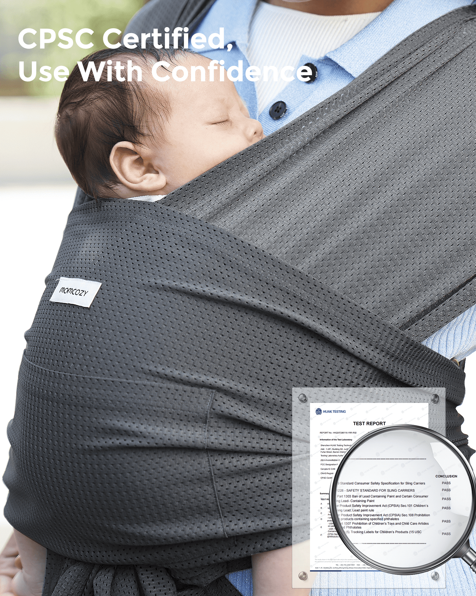 CPSC Certified Momcozy baby wrap carrier. Gray, breathable material, hands-free design for comfortable and safe babywearing.
