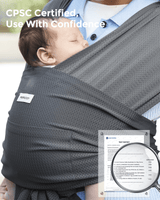 CPSC Certified Momcozy baby wrap carrier. Gray, breathable material, hands-free design for comfortable and safe babywearing.