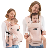 Momcozy Move2Fit Hip Seat Carrier in blush pink. Mothers holding babies with ergonomic design, breathable fabric.