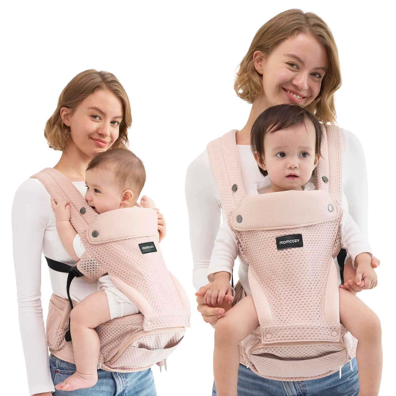 Momcozy Move2Fit Hip Seat Carrier in blush pink. Mothers holding babies with ergonomic design, breathable fabric.