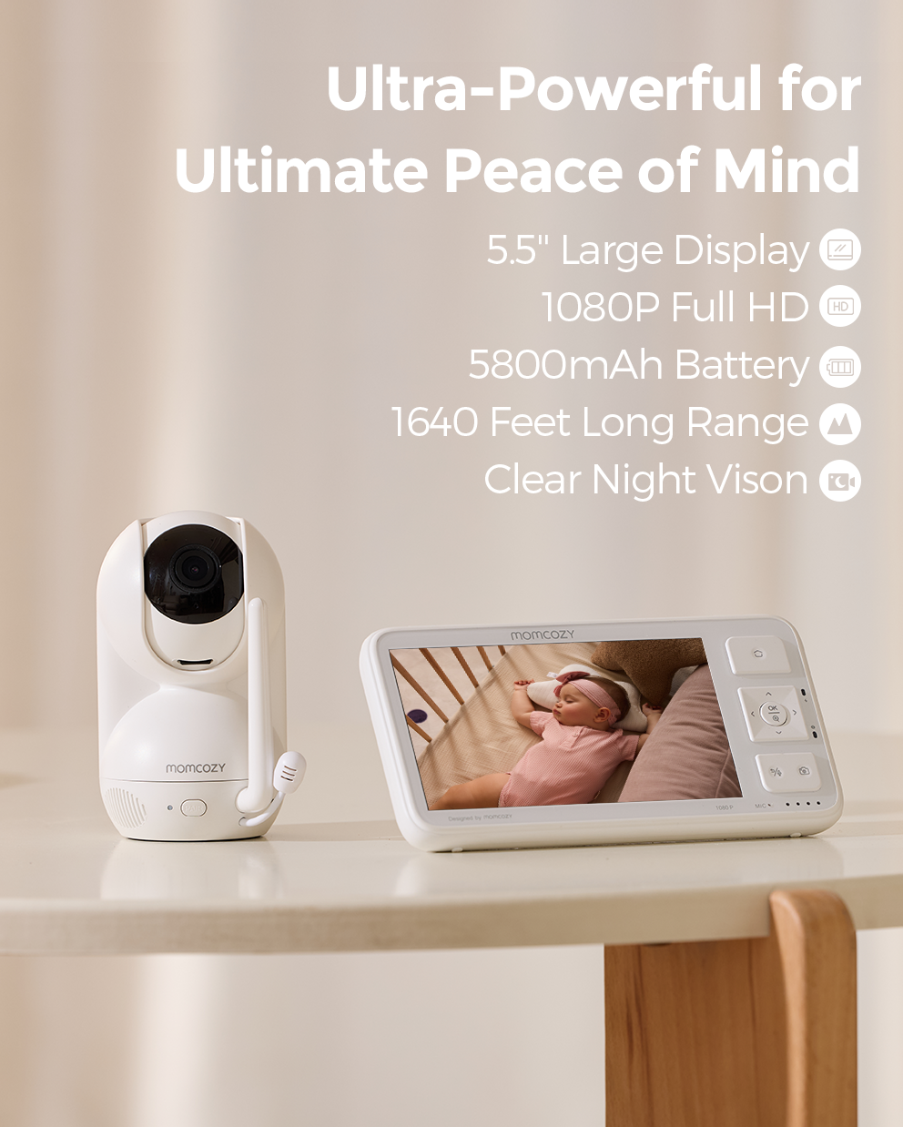 Momcozy BM03 baby monitor with 5.5" Full HD display, white camera, clear night vision, and long range for peace of mind.
