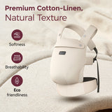 Beige Momcozy PureHug baby carrier: premium cotton-linen for softness, breathability, and eco-friendly babywearing.