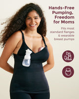 Model wearing black hands-free pumping tank tops with breast pump, for a truly hands-free and liberating pumping experience, compatible with most wearable pump designs.