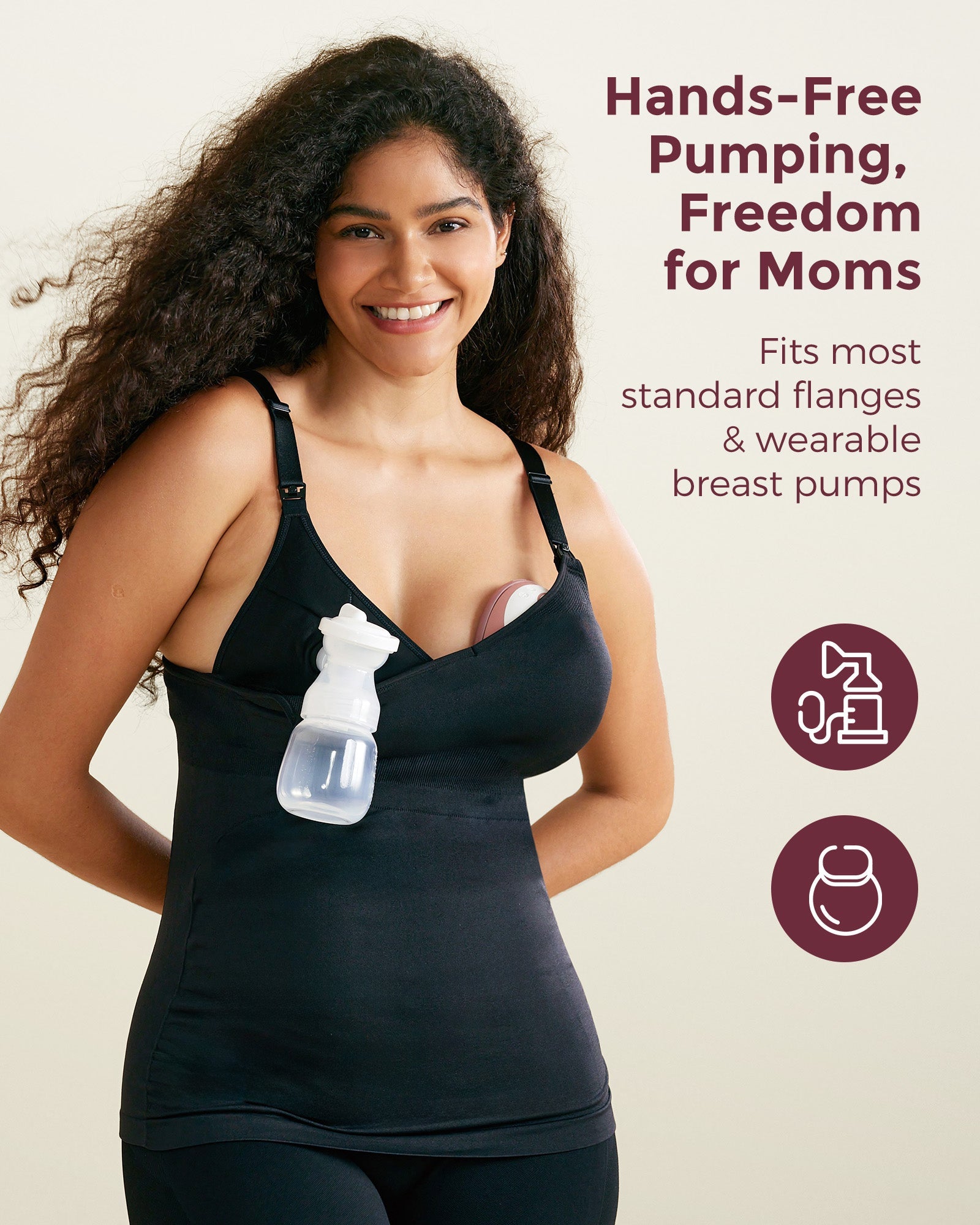 Model wearing black hands-free pumping tank tops with breast pump, for a truly hands-free and liberating pumping experience, compatible with most wearable pump designs.