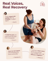 Momcozy Ergowrap Postpartum Belly Band in use, featuring customer testimonials about comfort and recovery.