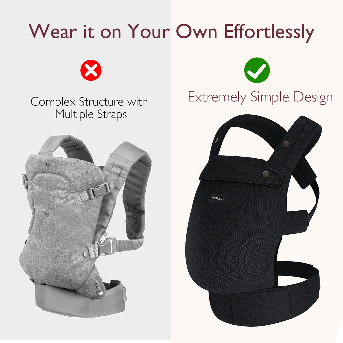 Momcozy PureHug Baby Carrier: Simple black design for easy babywearing compared to complex carrier with multiple straps.