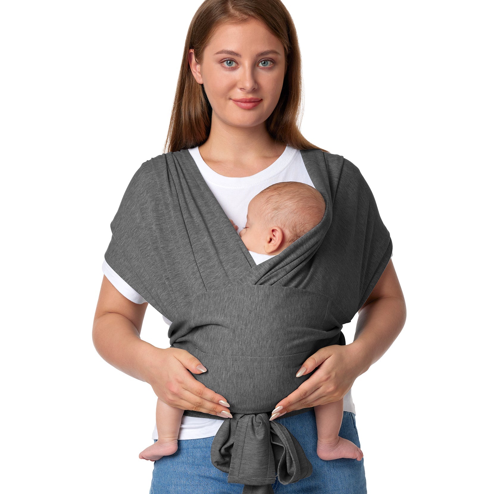 Gray baby wrap carrier, hands-free design for comfortable babywearing.  Woman wearing the wrap carrier.