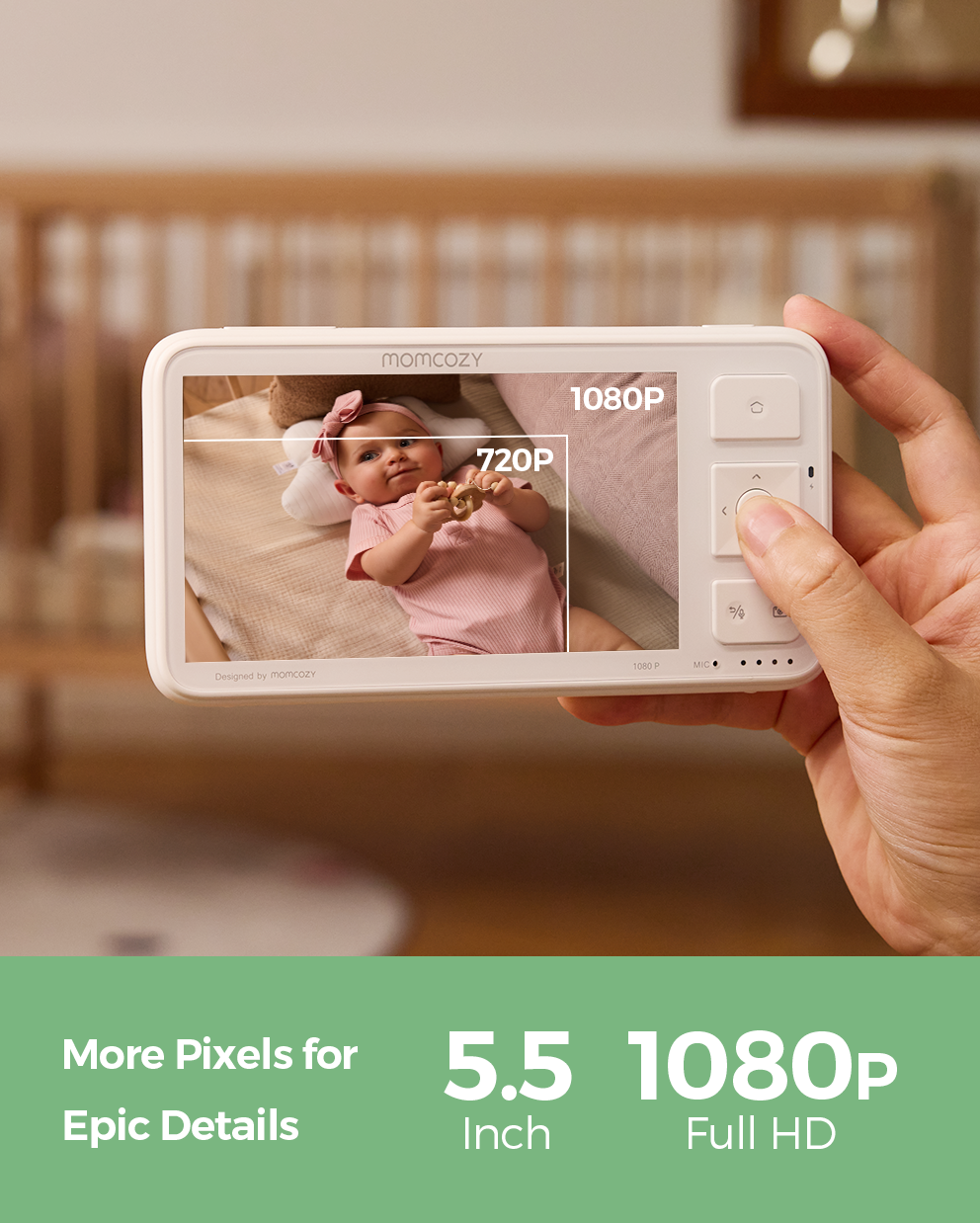 Momcozy BM03 baby monitor with 5.5-inch, 1080P Full HD display, offering clear visuals for parents.
