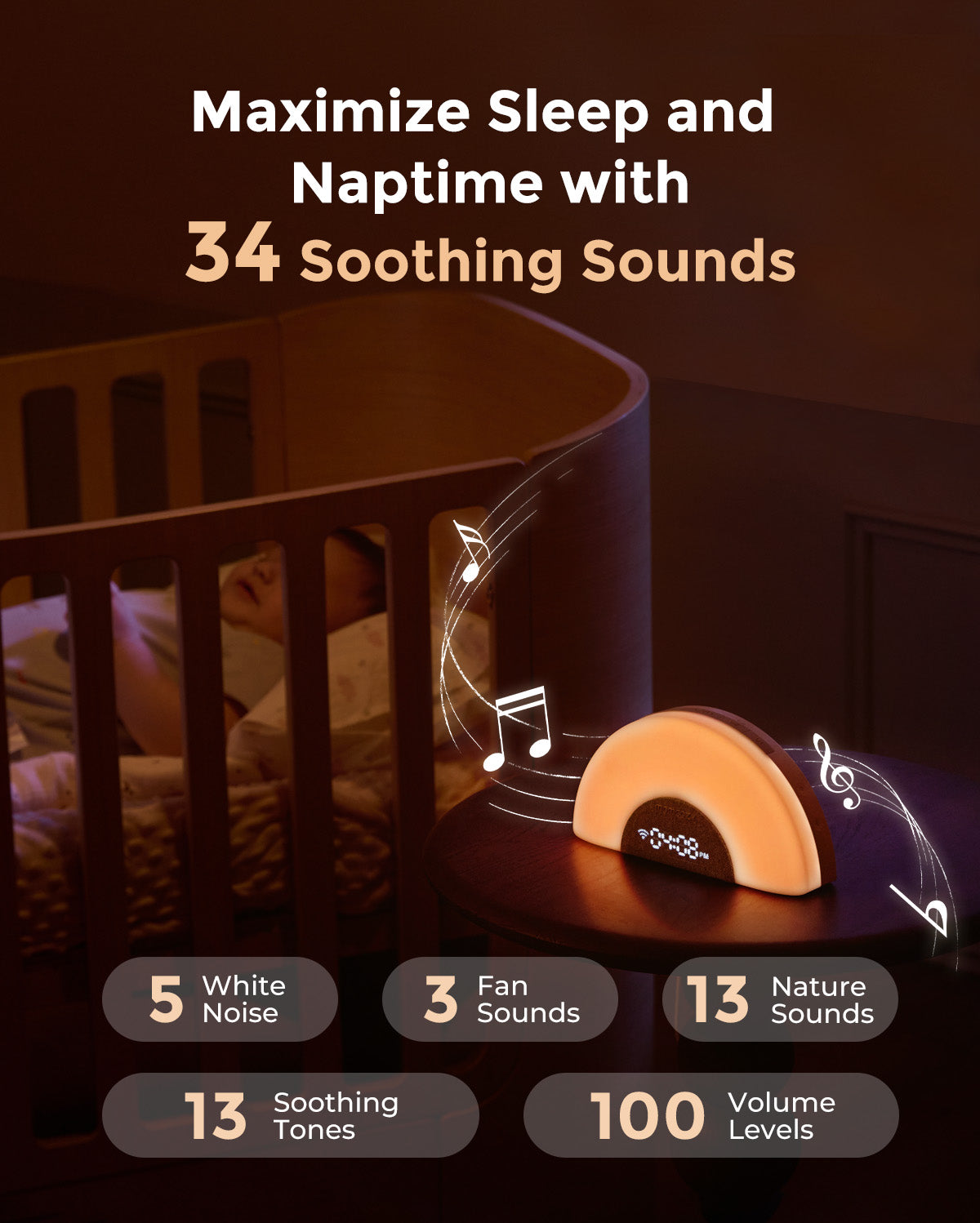 DreamSync Smart Sound Machine with rainbow light for baby naptime, featuring soothing sounds and white noise.