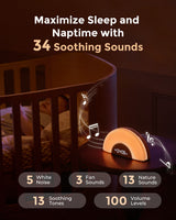 DreamSync Smart Sound Machine with rainbow light for baby naptime, featuring soothing sounds and white noise.