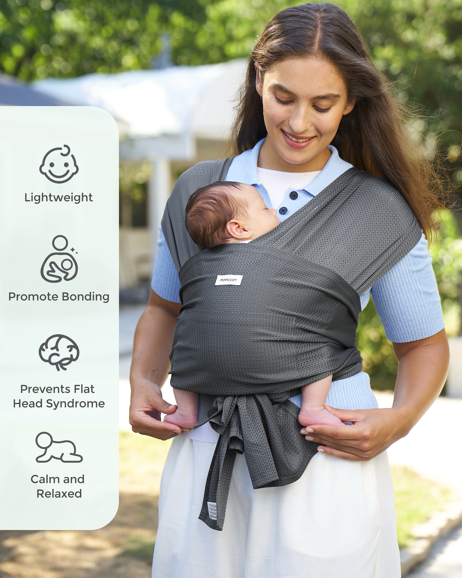 Momcozy gray baby wrap carrier, hands-free babywearing, promotes bonding, lightweight design for baby's comfort.