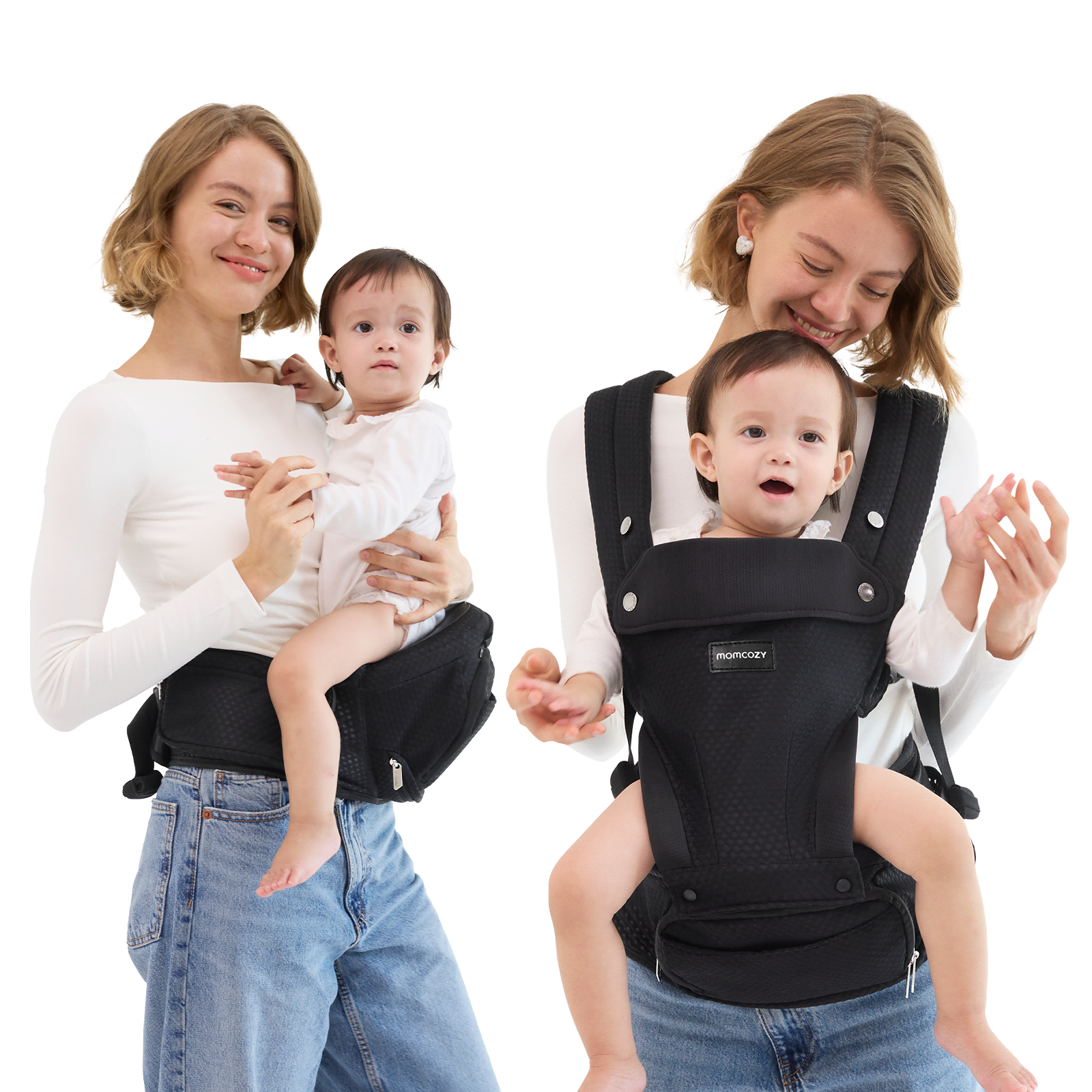 Momcozy Move2Fit Hip Seat Carrier: Black carrier, mother and baby. Ergonomic design for comfort and support.