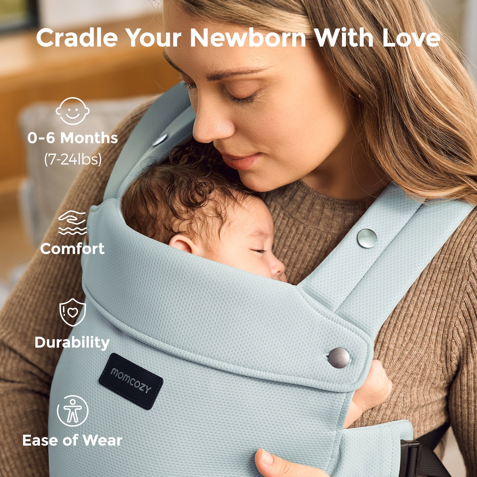 Momcozy baby carrier with sleeping baby, light blue, highlighting comfort and durability for newborns.