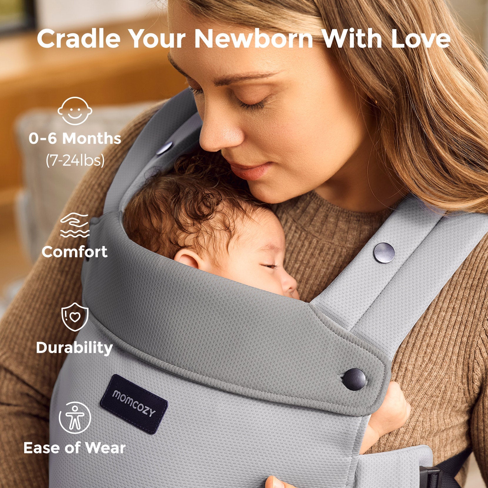 Momcozy baby carrier cradling a newborn, offering comfort, durability, and ease of wear, designed for 0-6 months