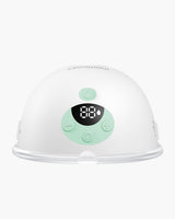 Top view of Momcozy M5 Wearable Breast Pump with control panel showing settings.