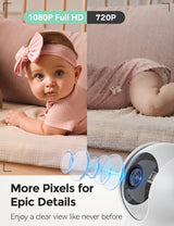 Momcozy BM03 baby monitor, showcasing 1080P Full HD, baby girl in pink, crystal-clear image for detailed baby monitoring.