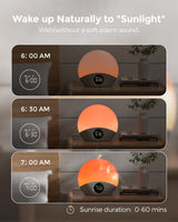 Momcozy Wake-up Light with sunrise simulation. Smart alarm clock with natural, gentle orange light for sleep-wake cycles.